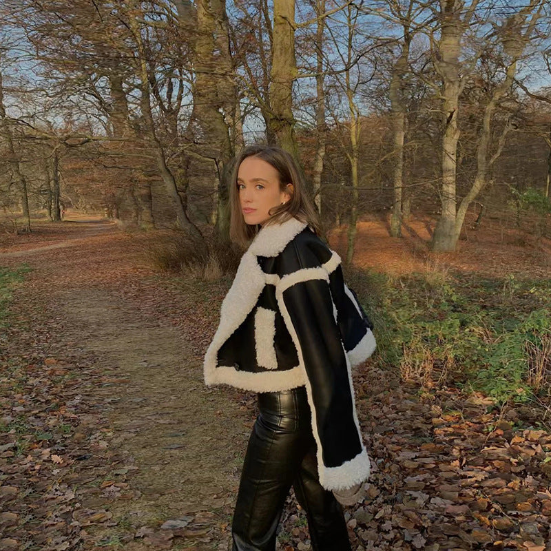 New Women big lapel lamb wool stitching fur jacket
