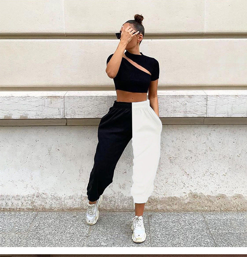 Hot sale women contrast color beam-leg pants