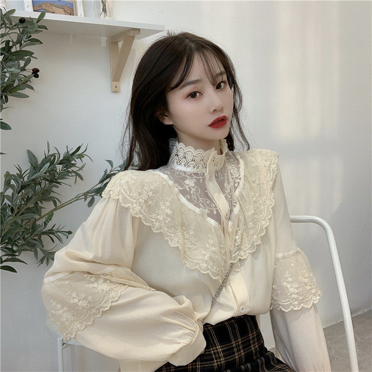 Korean Retro Embroidered Lace Women Shirt