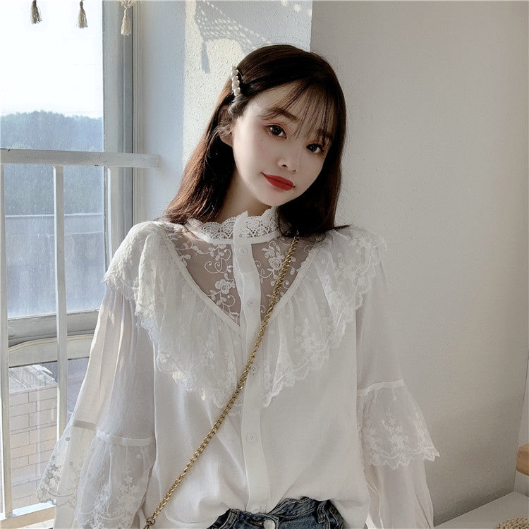 Korean Retro Embroidered Lace Women Shirt