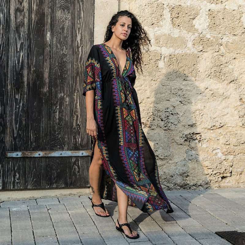 New women cotton deep V-neck beach coat skirt