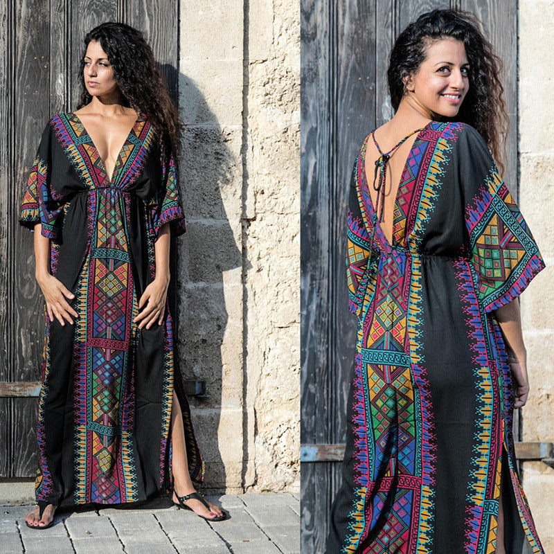 New women cotton deep V-neck beach coat skirt