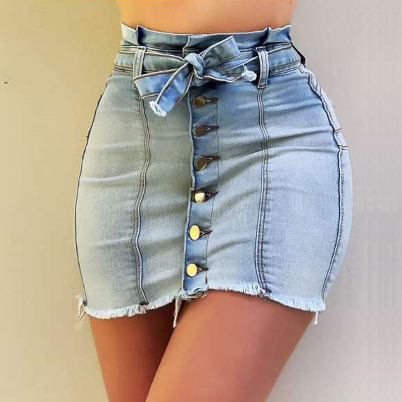 New women high waist elastic lace-up denim skirt