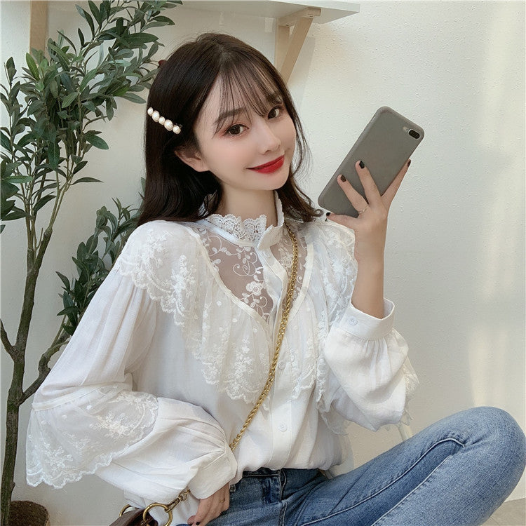 Korean Retro Embroidered Lace Women Shirt