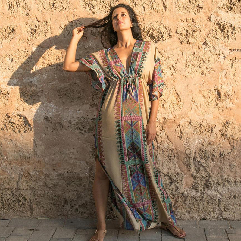 New women cotton deep V-neck beach coat skirt