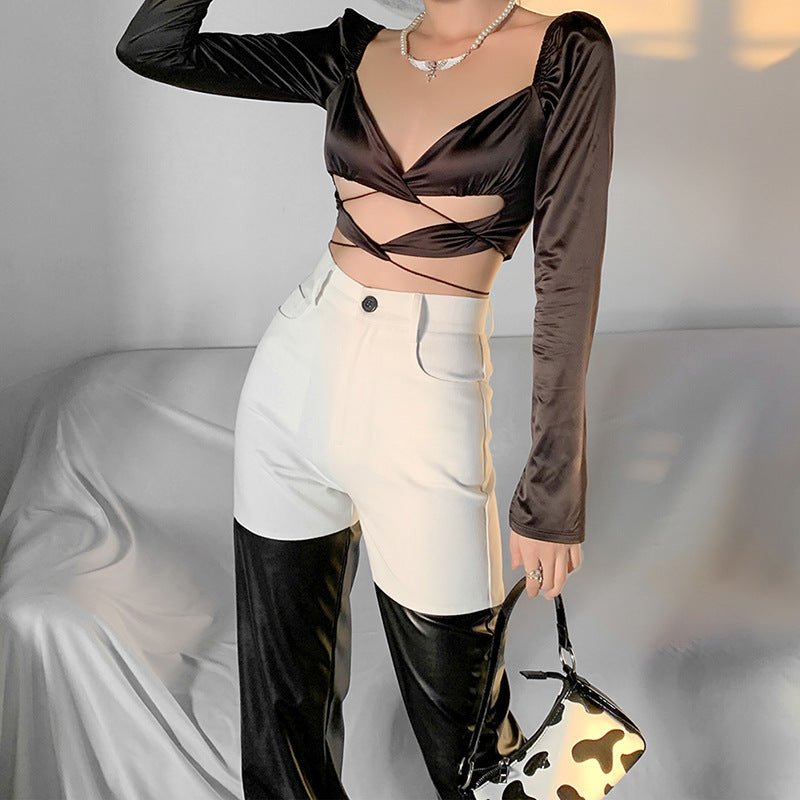 New women high waist PU leather stitching casual trousers