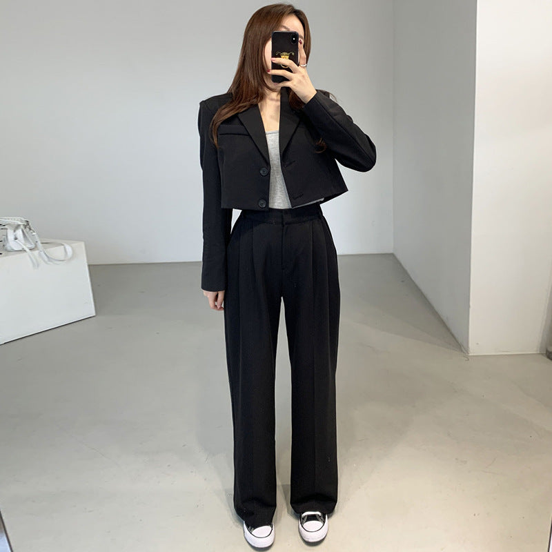 Korean chic women suit jacket + high-waist casual trousers