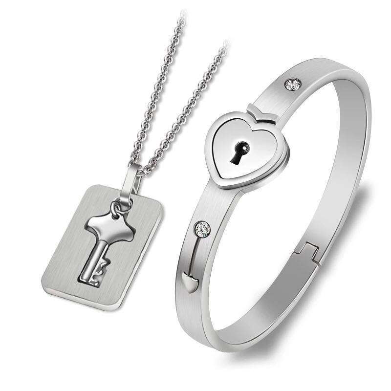 Couple Stainless Steel Love Heart Lock Set - Watch & Jewelry