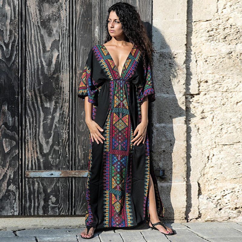 New women cotton deep V-neck beach coat skirt