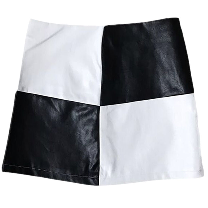 New women retro black and white plaid stitching skirt