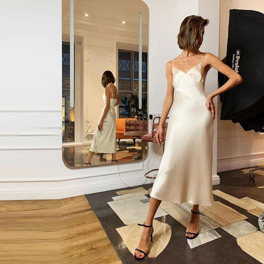 New Women fashion sexy V-neck satin dress