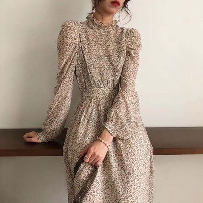 Korean women winter long-sleeved floral dress