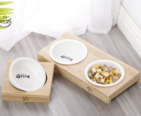 Bamboo wood ceramic bowl pet double bowl