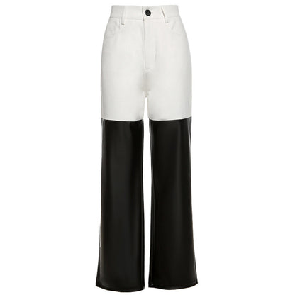 New women high waist PU leather stitching casual trousers