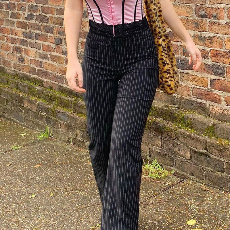 New women street style striped straight trousers