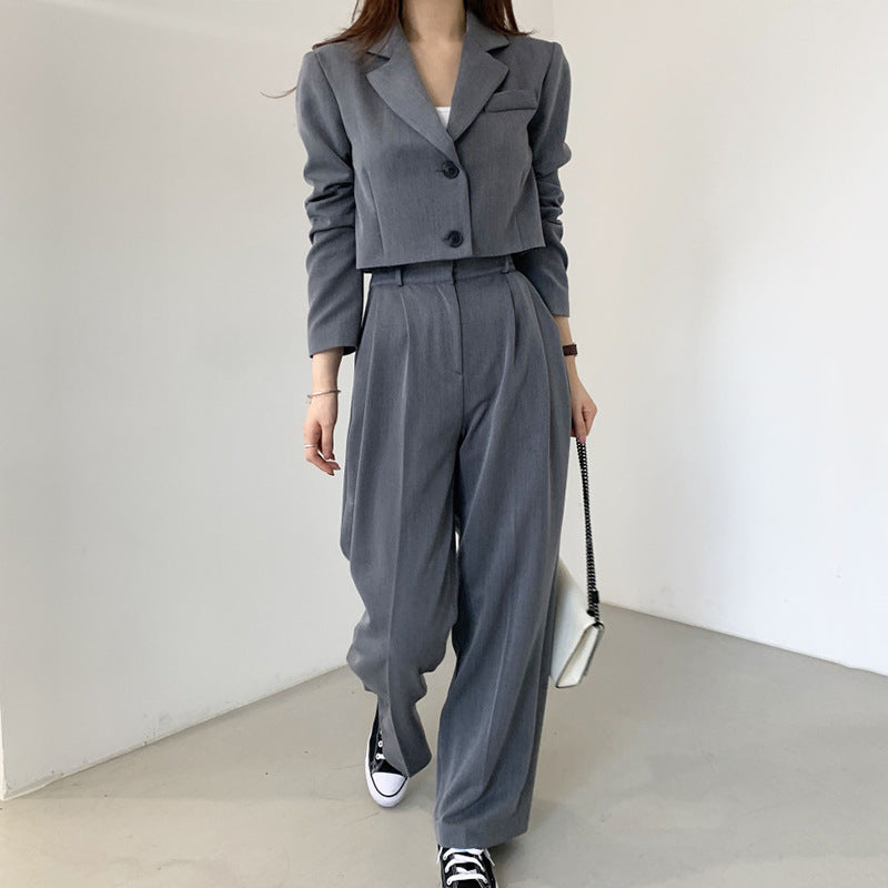 Korean chic women suit jacket + high-waist casual trousers