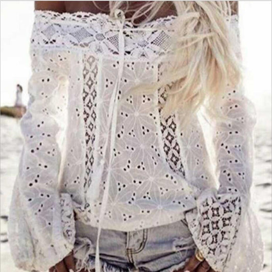 Women shoulder flared sleeve lace top