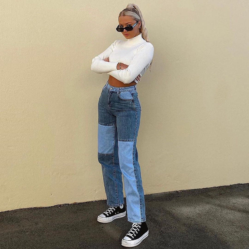 New women street hip-hop contrast casual jeans