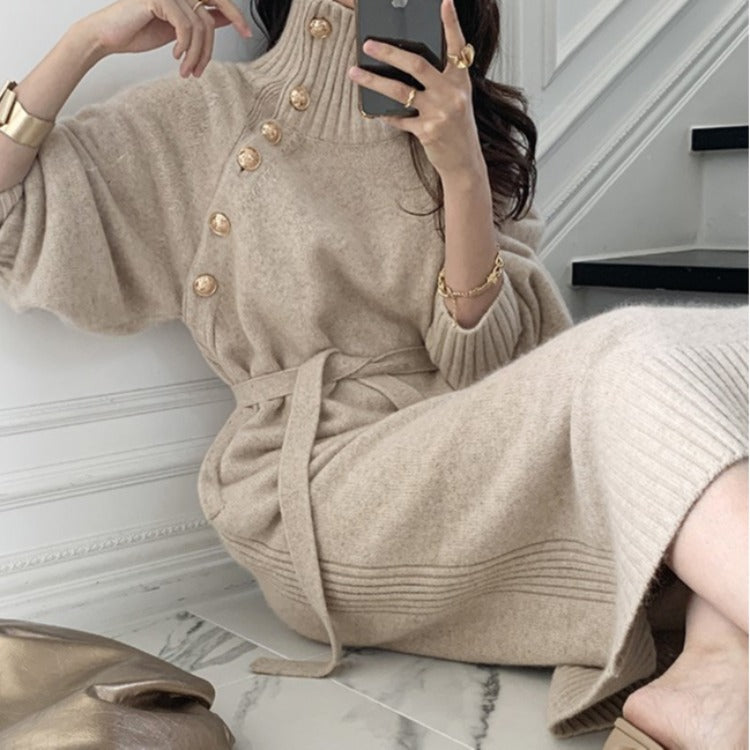 Japanese women lace-up waist knitted dress