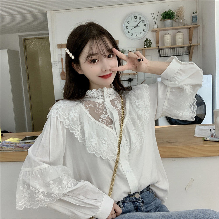 Korean Retro Embroidered Lace Women Shirt