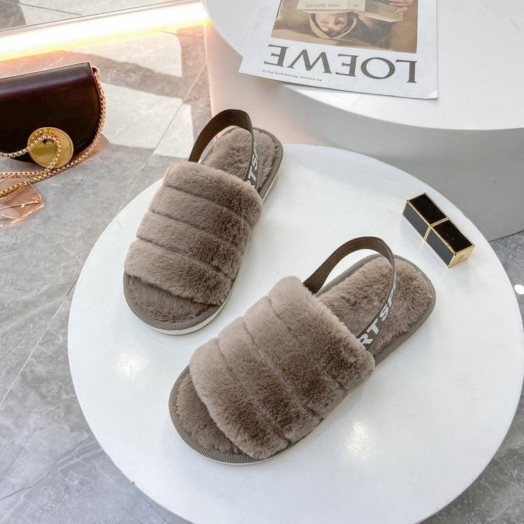 Women home flat bottom hairy slippers