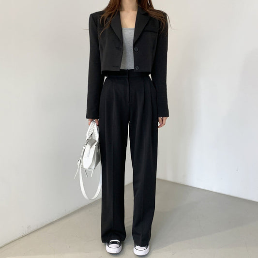 Korean chic women suit jacket + high-waist casual trousers