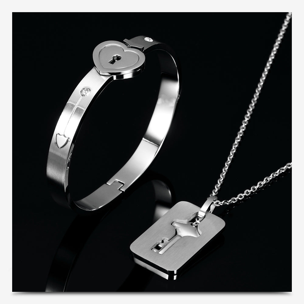 Couple Stainless Steel Love Heart Lock Set - Watch & Jewelry