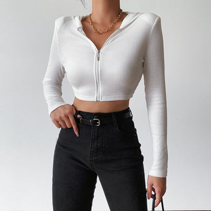 Women short zipper low neck cardigan top