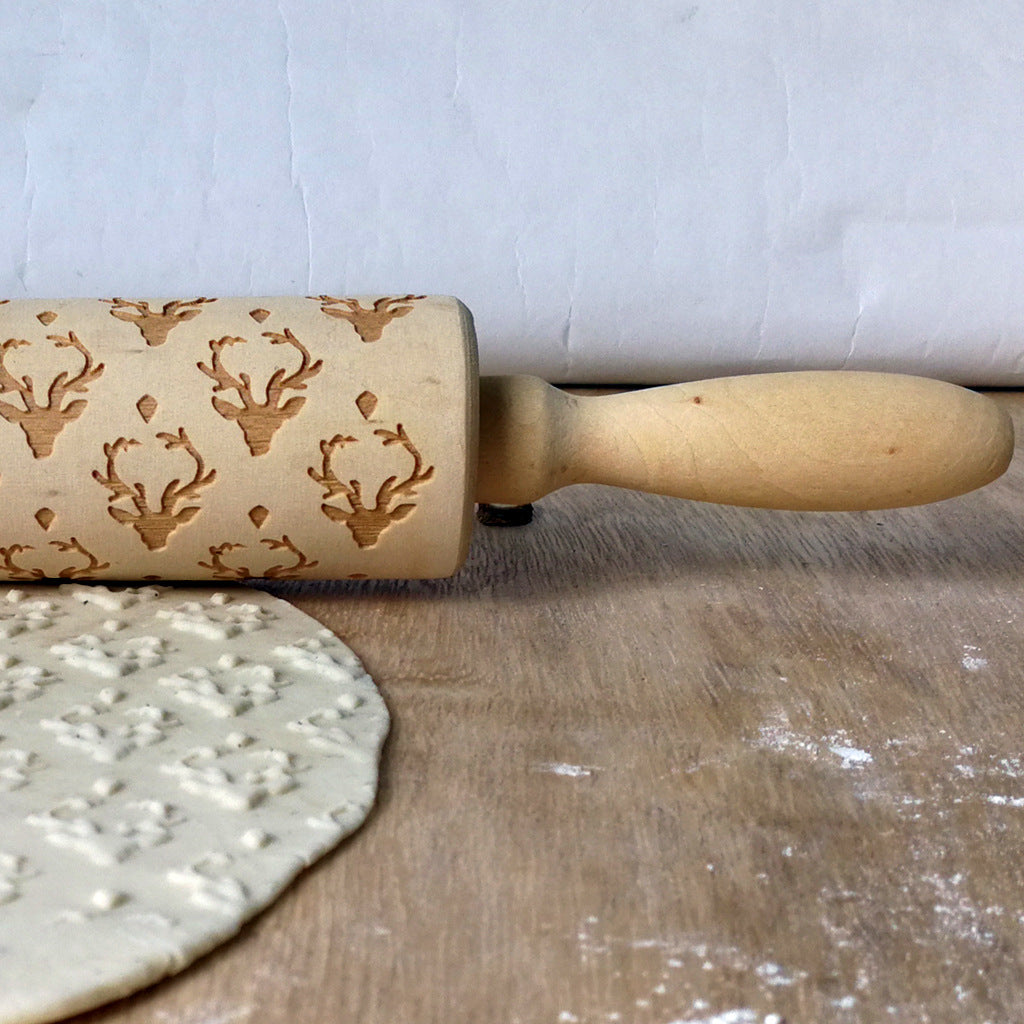 Wooden Christmas deer head printing rolling pin