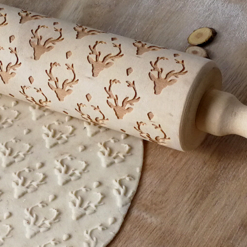 Wooden Christmas deer head printing rolling pin