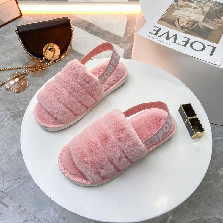 Women home flat bottom hairy slippers