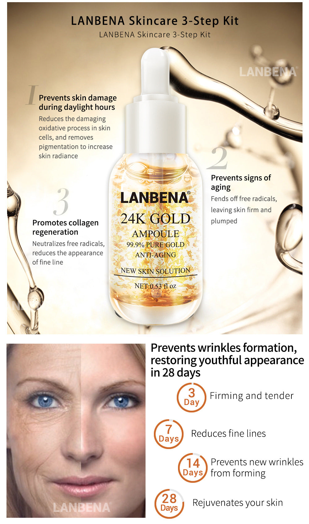 LANBENA 24K Gold Foil Anti-Aging Firming Lightening Serum