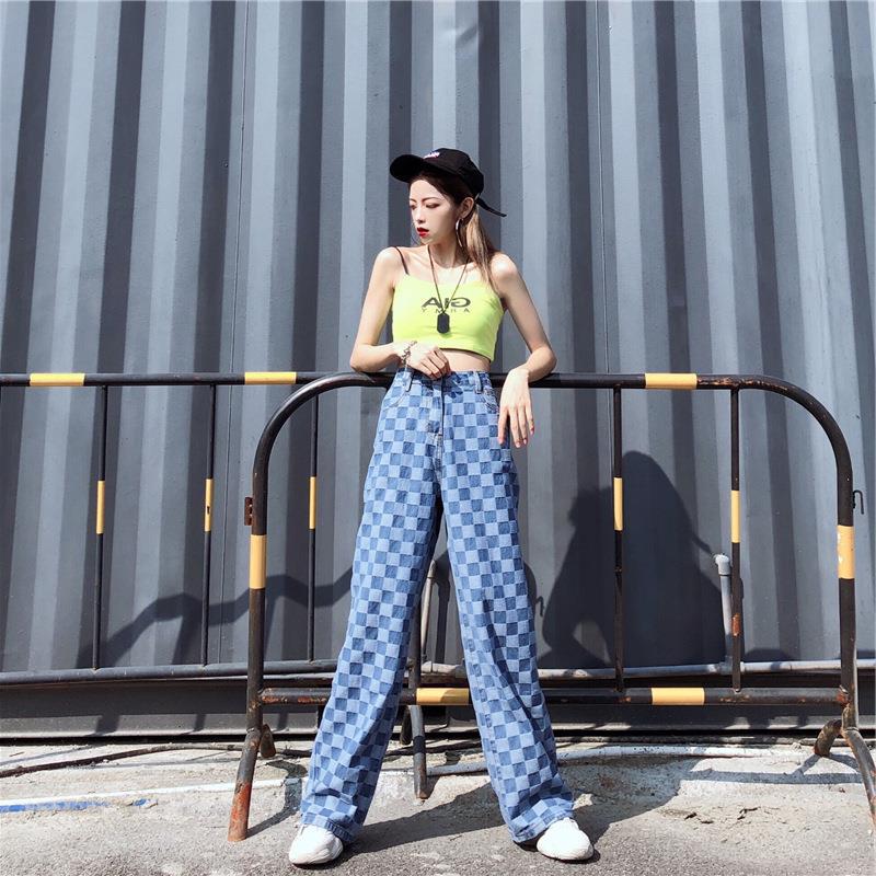 Women super fire checkerboard jeans