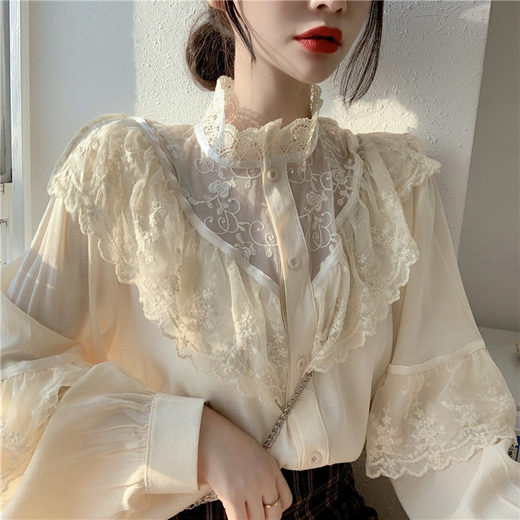 Korean Retro Embroidered Lace Women Shirt