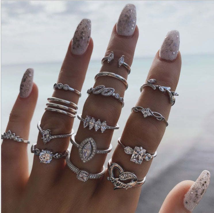 14pcs women rhinestone decor ring set - Watch & Jewelry