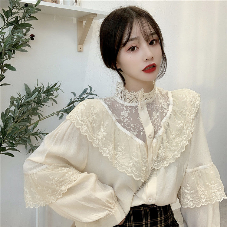 Korean Retro Embroidered Lace Women Shirt