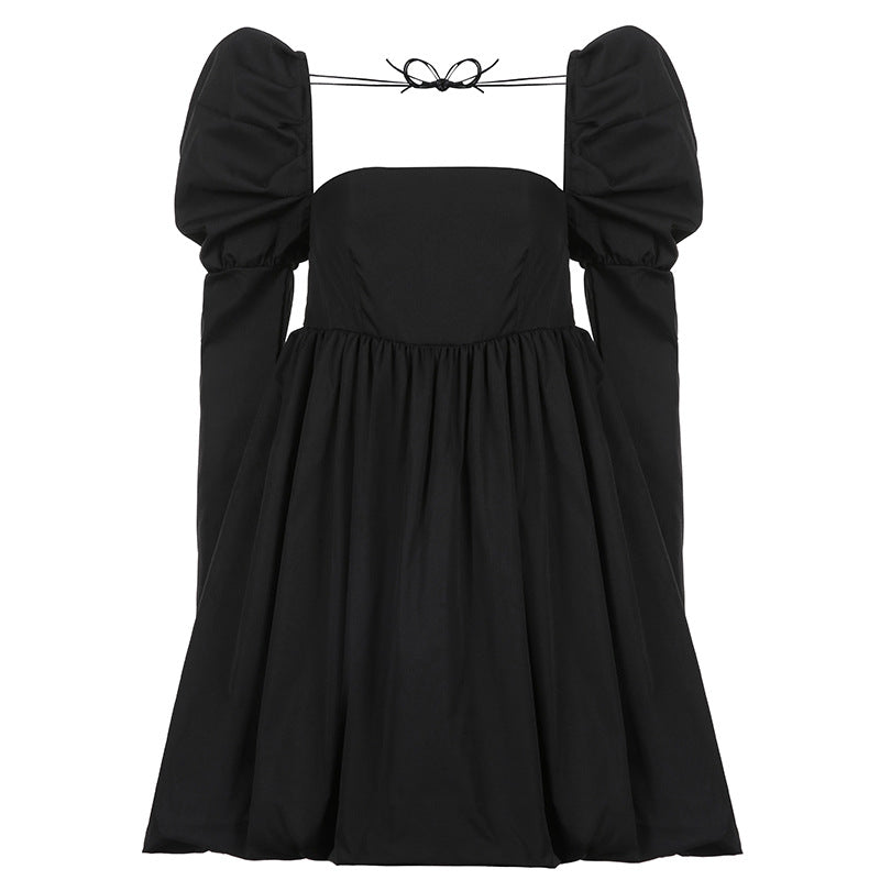 Women French retro generous collar black tutu dress