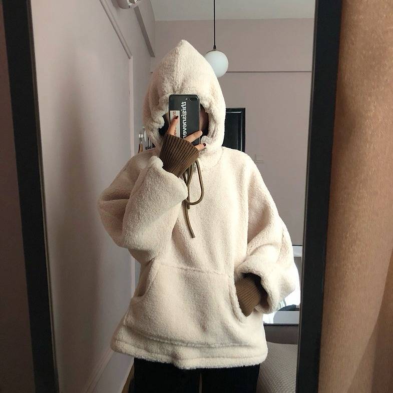 Korean women Lamb cashmere pullover hooded sweater