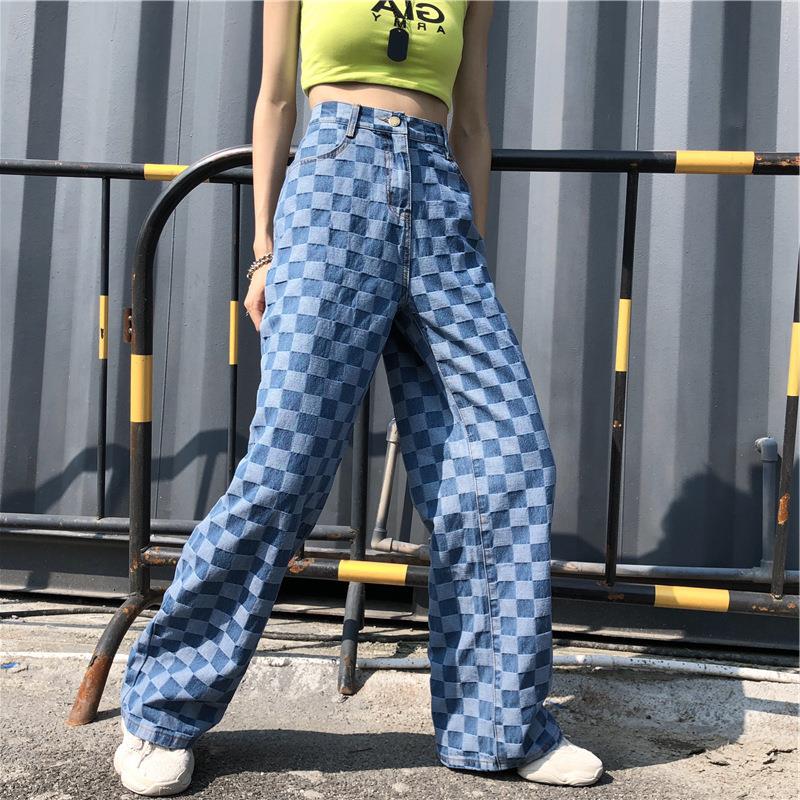 Women super fire checkerboard jeans