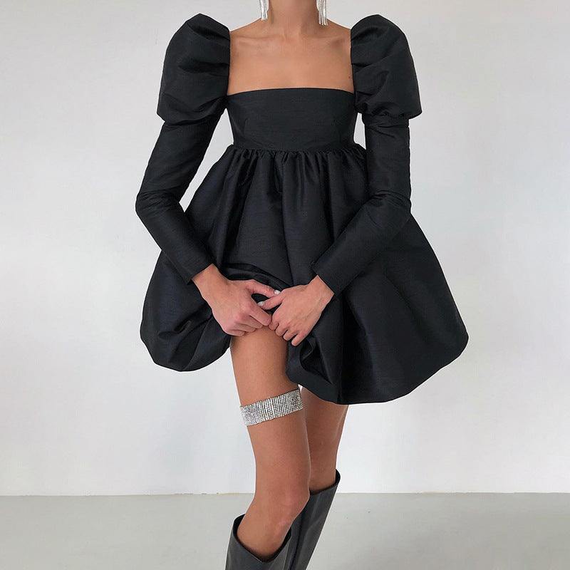 Women French retro generous collar black tutu dress