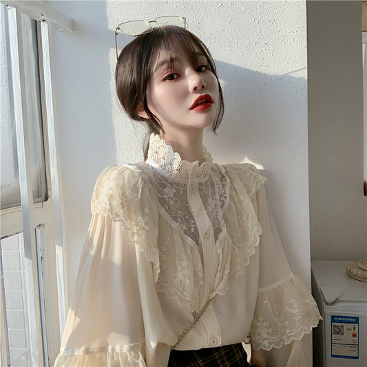 Korean Retro Embroidered Lace Women Shirt