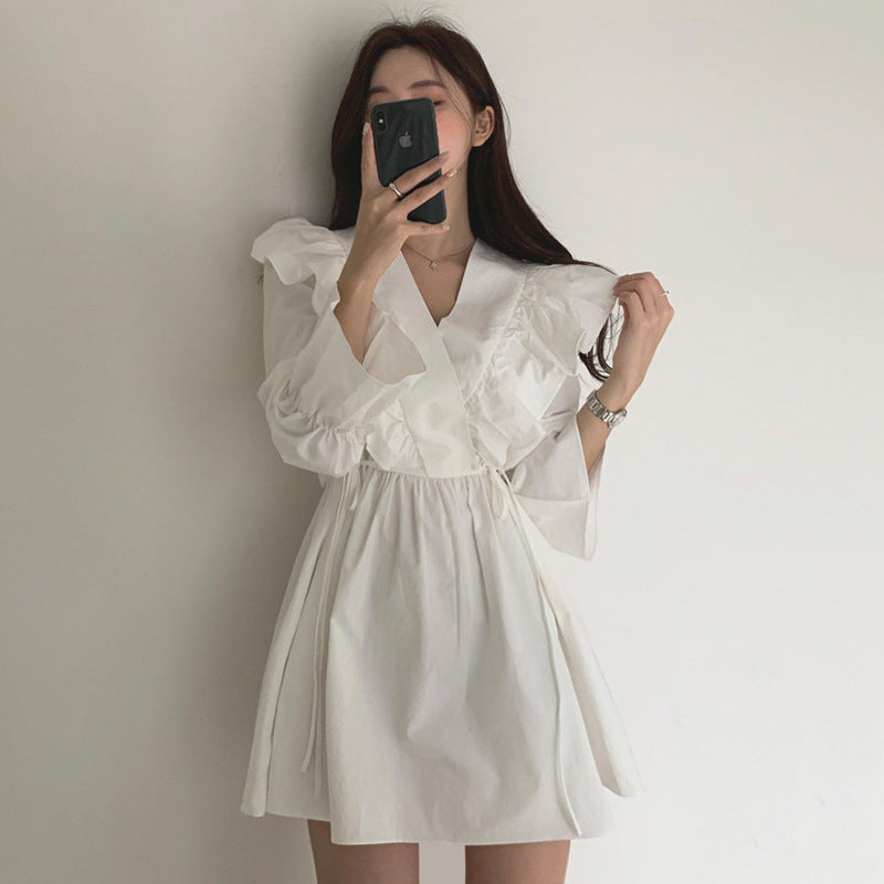 Korean chic women retro cross lotus dress